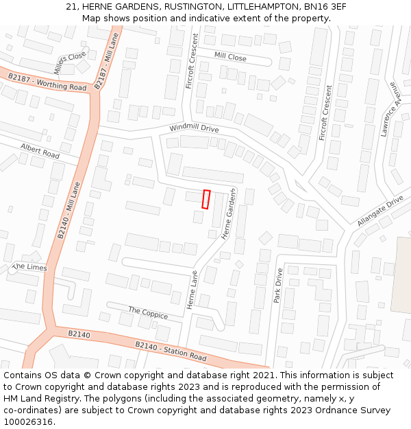 21, HERNE GARDENS, RUSTINGTON, LITTLEHAMPTON, BN16 3EF: Location map and indicative extent of plot