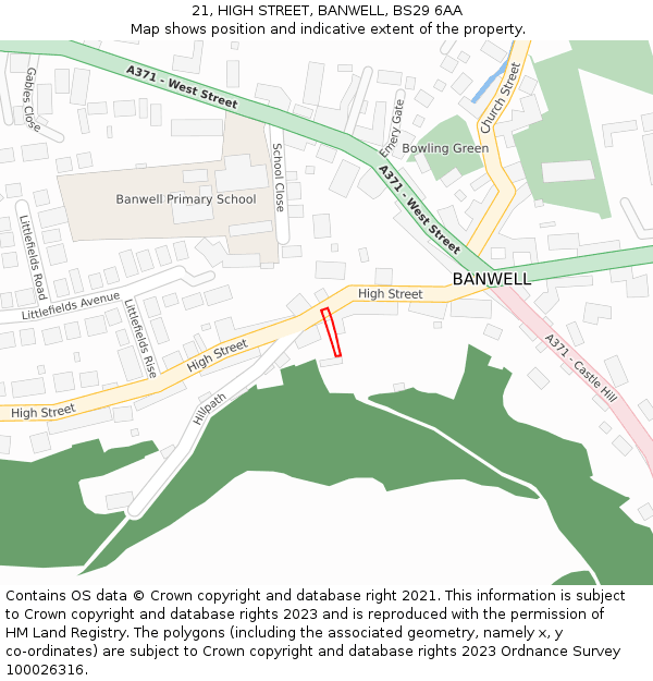 21, HIGH STREET, BANWELL, BS29 6AA: Location map and indicative extent of plot