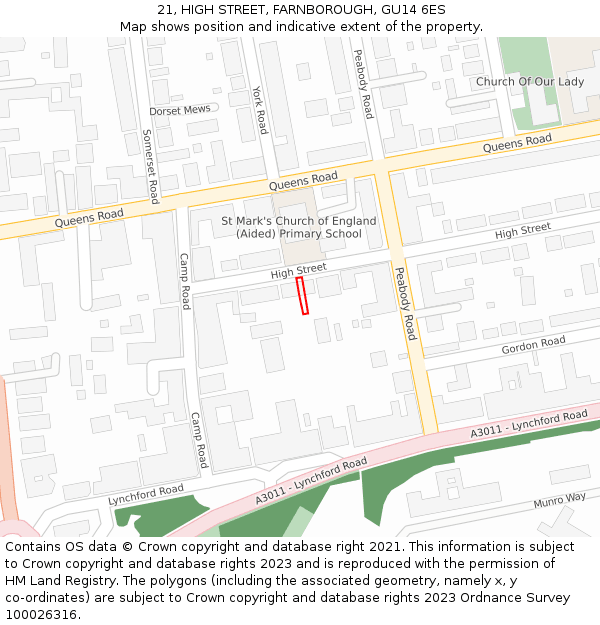 21, HIGH STREET, FARNBOROUGH, GU14 6ES: Location map and indicative extent of plot