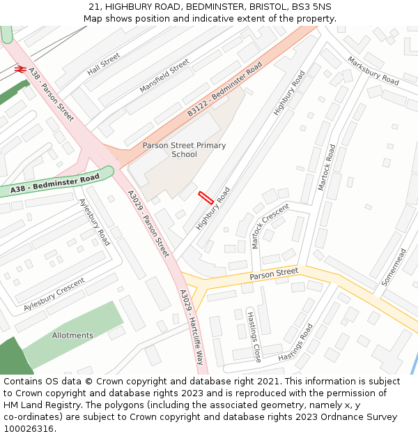 21, HIGHBURY ROAD, BEDMINSTER, BRISTOL, BS3 5NS: Location map and indicative extent of plot