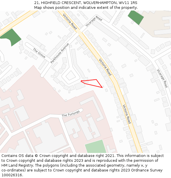 21, HIGHFIELD CRESCENT, WOLVERHAMPTON, WV11 1RS: Location map and indicative extent of plot