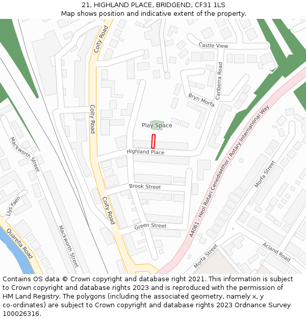 21, HIGHLAND PLACE, BRIDGEND, CF31 1LS: Location map and indicative extent of plot