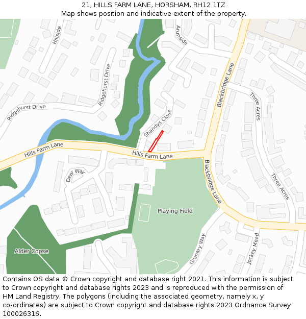 21, HILLS FARM LANE, HORSHAM, RH12 1TZ: Location map and indicative extent of plot