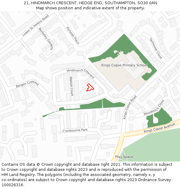 21, HINDMARCH CRESCENT, HEDGE END, SOUTHAMPTON, SO30 0AN: Location map and indicative extent of plot