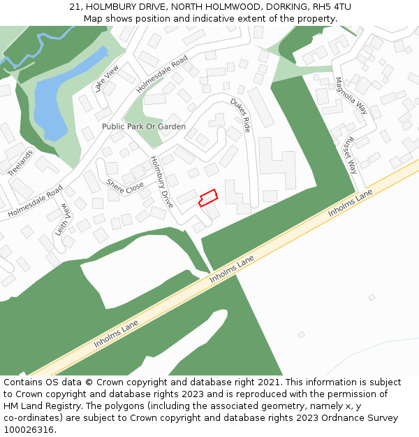 21, HOLMBURY DRIVE, NORTH HOLMWOOD, DORKING, RH5 4TU: Location map and indicative extent of plot