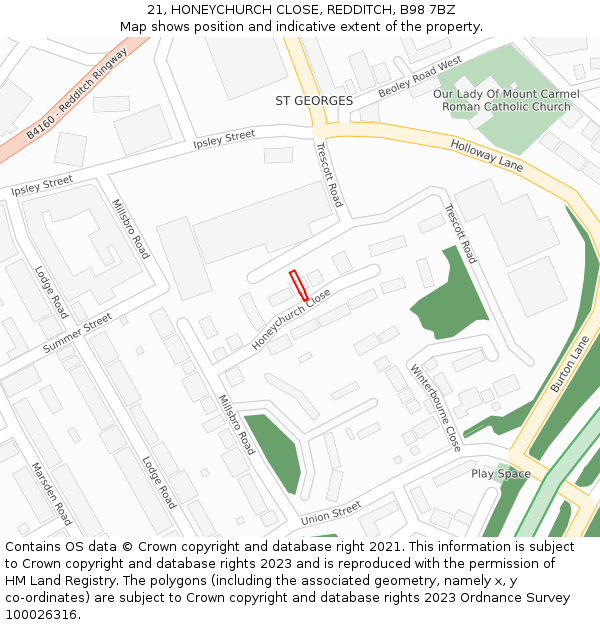 21, HONEYCHURCH CLOSE, REDDITCH, B98 7BZ: Location map and indicative extent of plot
