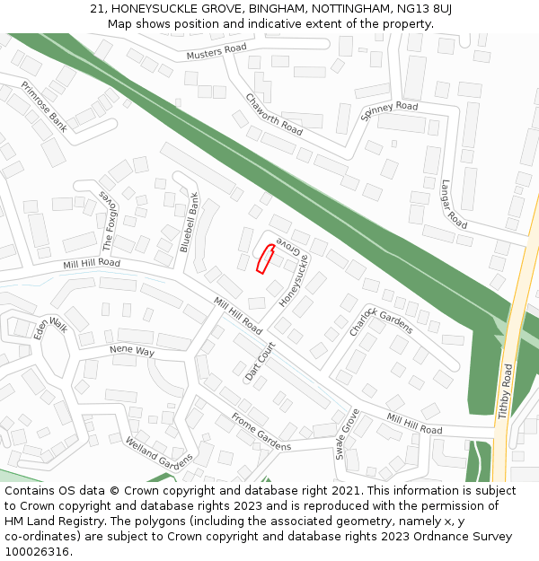 21, HONEYSUCKLE GROVE, BINGHAM, NOTTINGHAM, NG13 8UJ: Location map and indicative extent of plot