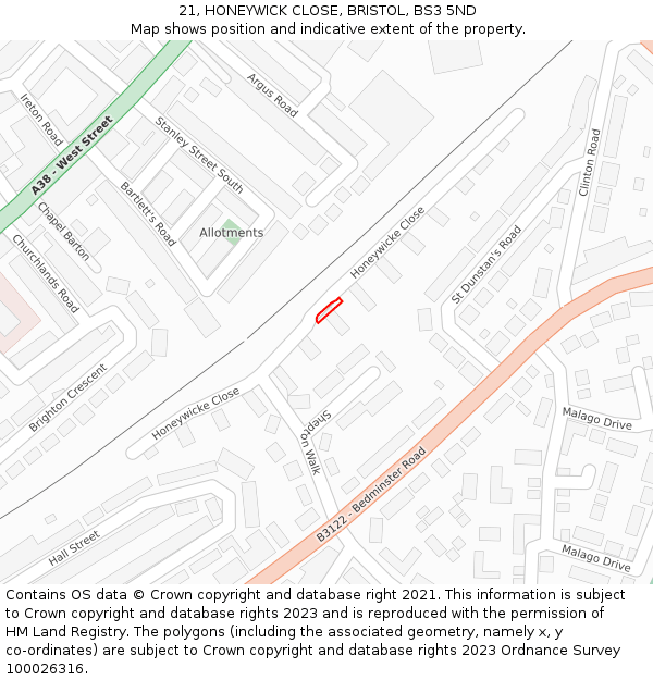 21, HONEYWICK CLOSE, BRISTOL, BS3 5ND: Location map and indicative extent of plot