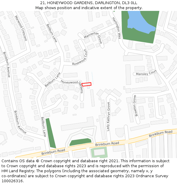 21, HONEYWOOD GARDENS, DARLINGTON, DL3 0LL: Location map and indicative extent of plot