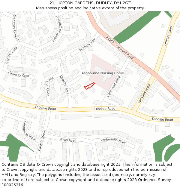 21, HOPTON GARDENS, DUDLEY, DY1 2GZ: Location map and indicative extent of plot