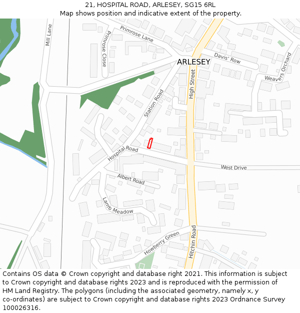 21, HOSPITAL ROAD, ARLESEY, SG15 6RL: Location map and indicative extent of plot