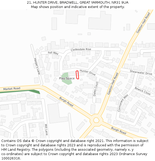 21, HUNTER DRIVE, BRADWELL, GREAT YARMOUTH, NR31 9UA: Location map and indicative extent of plot