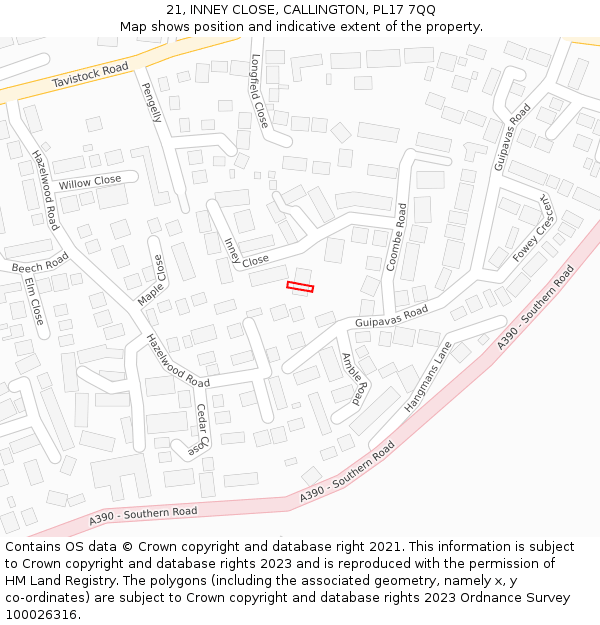 21, INNEY CLOSE, CALLINGTON, PL17 7QQ: Location map and indicative extent of plot