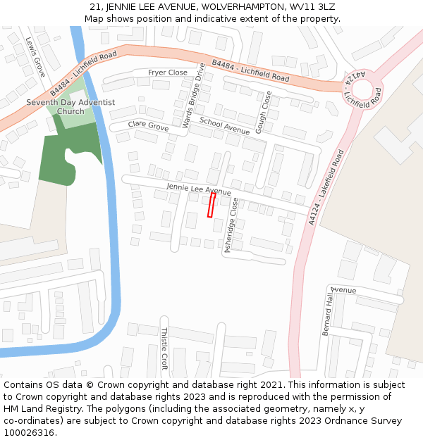 21, JENNIE LEE AVENUE, WOLVERHAMPTON, WV11 3LZ: Location map and indicative extent of plot