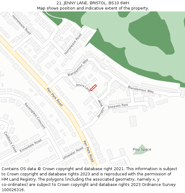 21, JENNY LANE, BRISTOL, BS10 6WH: Location map and indicative extent of plot