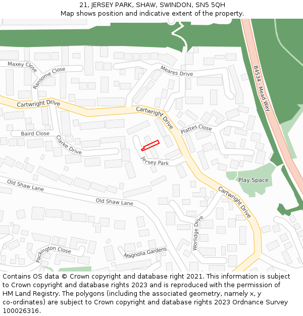 21, JERSEY PARK, SHAW, SWINDON, SN5 5QH: Location map and indicative extent of plot
