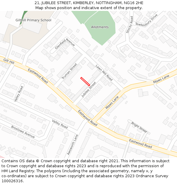 21, JUBILEE STREET, KIMBERLEY, NOTTINGHAM, NG16 2HE: Location map and indicative extent of plot