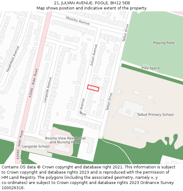 21, JULYAN AVENUE, POOLE, BH12 5EB: Location map and indicative extent of plot