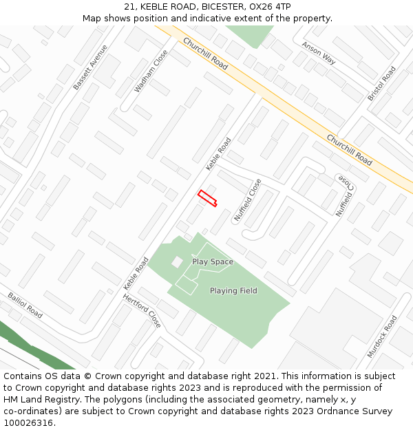 21, KEBLE ROAD, BICESTER, OX26 4TP: Location map and indicative extent of plot