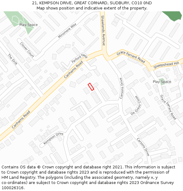 21, KEMPSON DRIVE, GREAT CORNARD, SUDBURY, CO10 0ND: Location map and indicative extent of plot