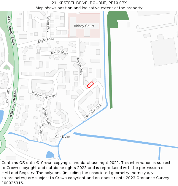 21, KESTREL DRIVE, BOURNE, PE10 0BX: Location map and indicative extent of plot