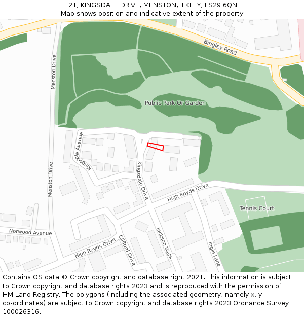 21, KINGSDALE DRIVE, MENSTON, ILKLEY, LS29 6QN: Location map and indicative extent of plot