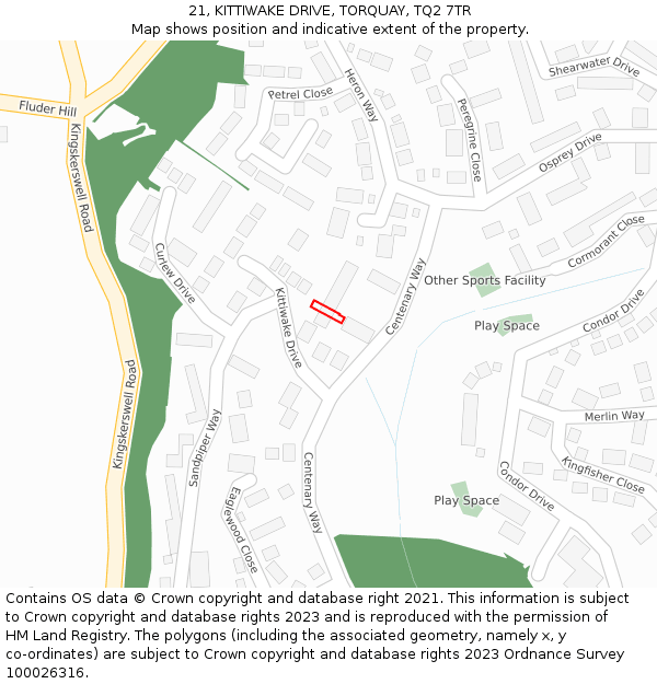 21, KITTIWAKE DRIVE, TORQUAY, TQ2 7TR: Location map and indicative extent of plot