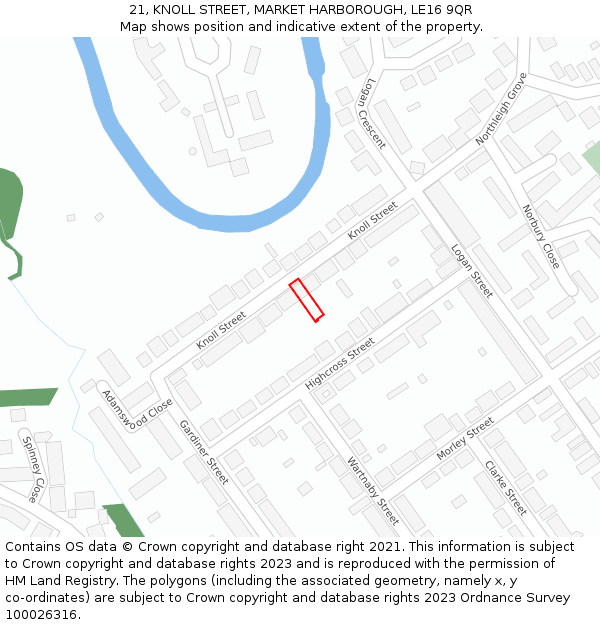 21, KNOLL STREET, MARKET HARBOROUGH, LE16 9QR: Location map and indicative extent of plot