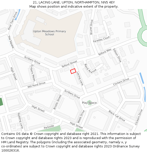 21, LACING LANE, UPTON, NORTHAMPTON, NN5 4EY: Location map and indicative extent of plot