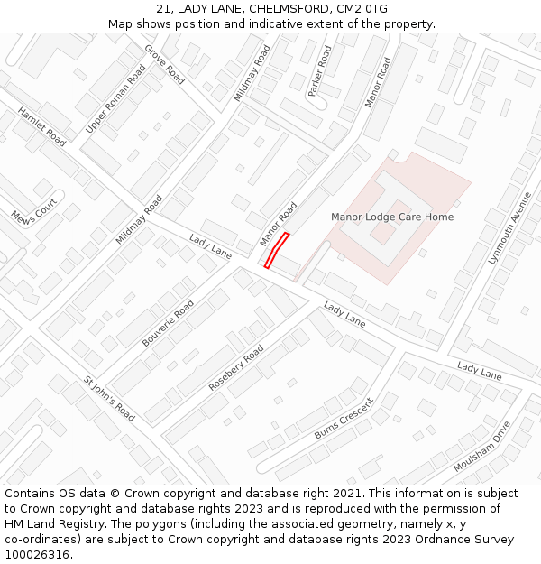 21, LADY LANE, CHELMSFORD, CM2 0TG: Location map and indicative extent of plot