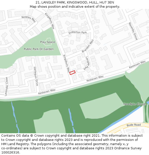 21, LANGLEY PARK, KINGSWOOD, HULL, HU7 3EN: Location map and indicative extent of plot