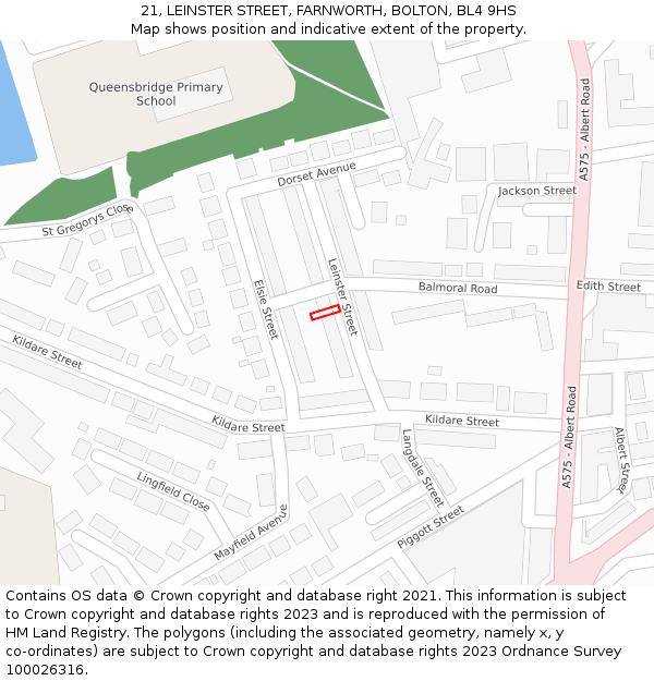 21, LEINSTER STREET, FARNWORTH, BOLTON, BL4 9HS: Location map and indicative extent of plot