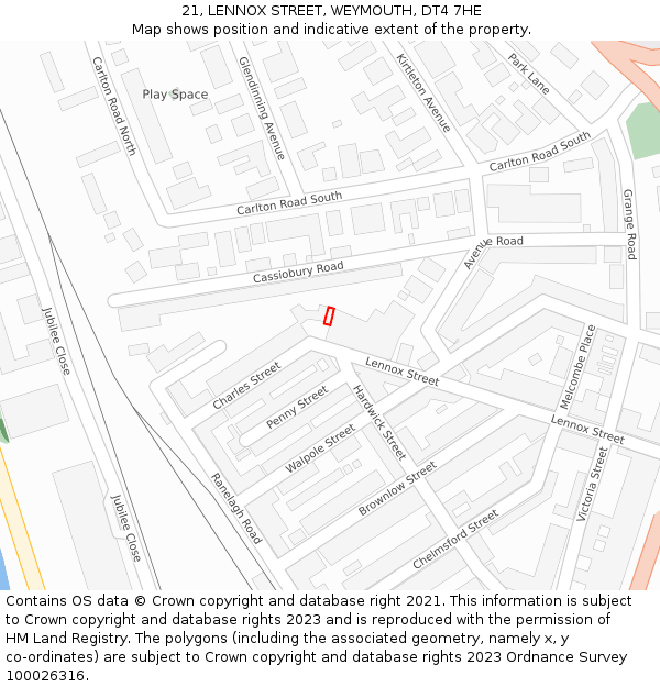 21, LENNOX STREET, WEYMOUTH, DT4 7HE: Location map and indicative extent of plot