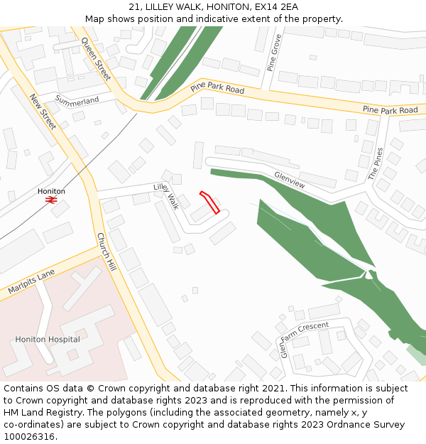 21, LILLEY WALK, HONITON, EX14 2EA: Location map and indicative extent of plot