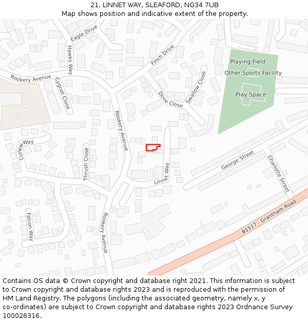 21, LINNET WAY, SLEAFORD, NG34 7UB: Location map and indicative extent of plot