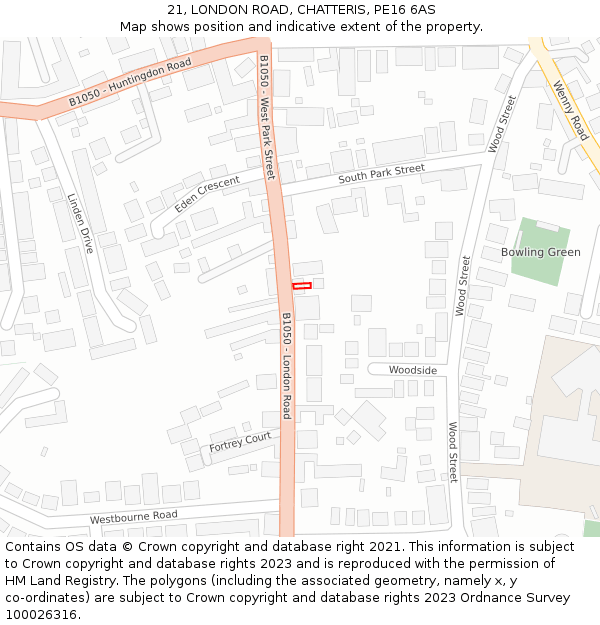 21, LONDON ROAD, CHATTERIS, PE16 6AS: Location map and indicative extent of plot