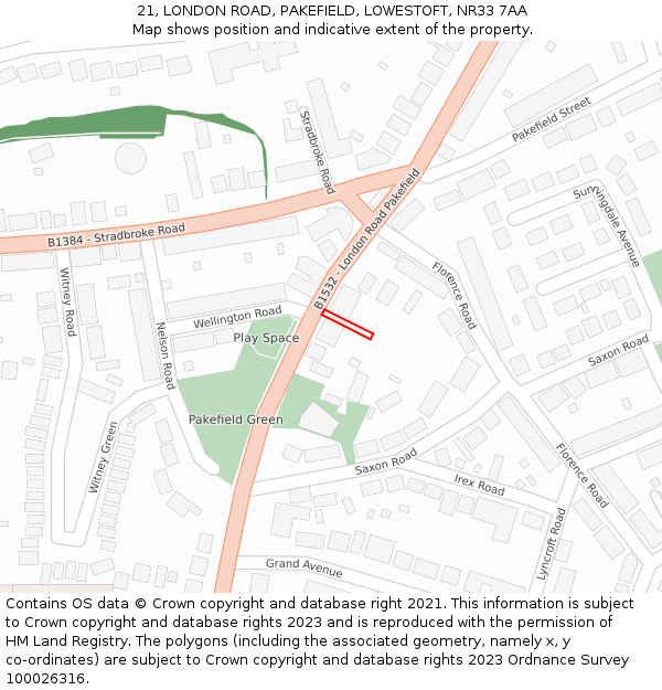 21, LONDON ROAD, PAKEFIELD, LOWESTOFT, NR33 7AA: Location map and indicative extent of plot