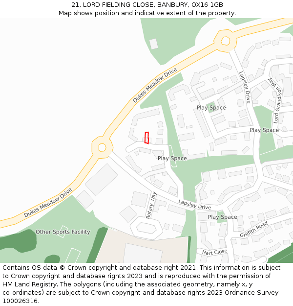 21, LORD FIELDING CLOSE, BANBURY, OX16 1GB: Location map and indicative extent of plot