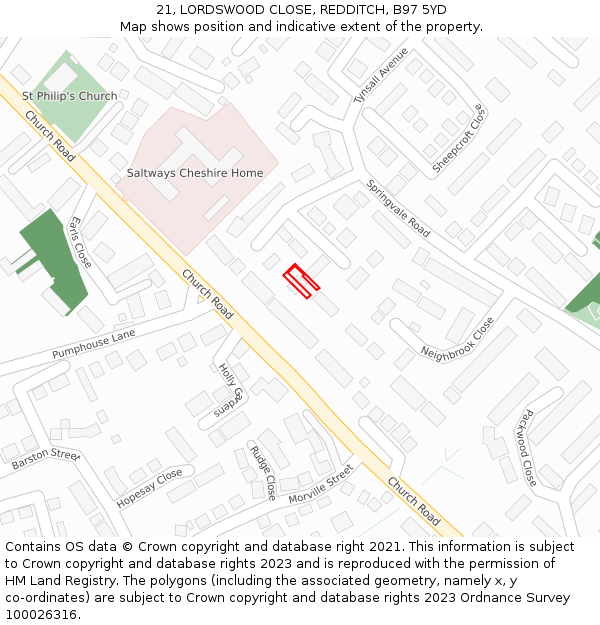 21, LORDSWOOD CLOSE, REDDITCH, B97 5YD: Location map and indicative extent of plot
