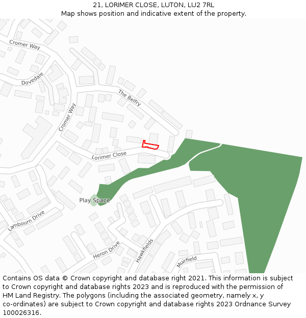 21, LORIMER CLOSE, LUTON, LU2 7RL: Location map and indicative extent of plot