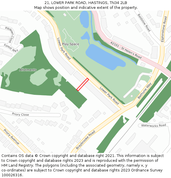 21, LOWER PARK ROAD, HASTINGS, TN34 2LB: Location map and indicative extent of plot
