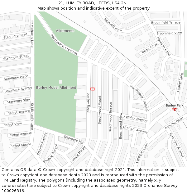 21, LUMLEY ROAD, LEEDS, LS4 2NH: Location map and indicative extent of plot