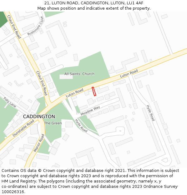 21, LUTON ROAD, CADDINGTON, LUTON, LU1 4AF: Location map and indicative extent of plot