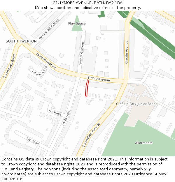 21, LYMORE AVENUE, BATH, BA2 1BA: Location map and indicative extent of plot