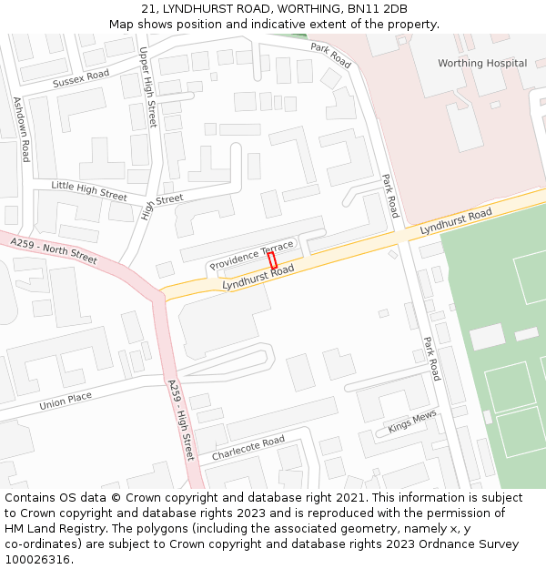 21, LYNDHURST ROAD, WORTHING, BN11 2DB: Location map and indicative extent of plot