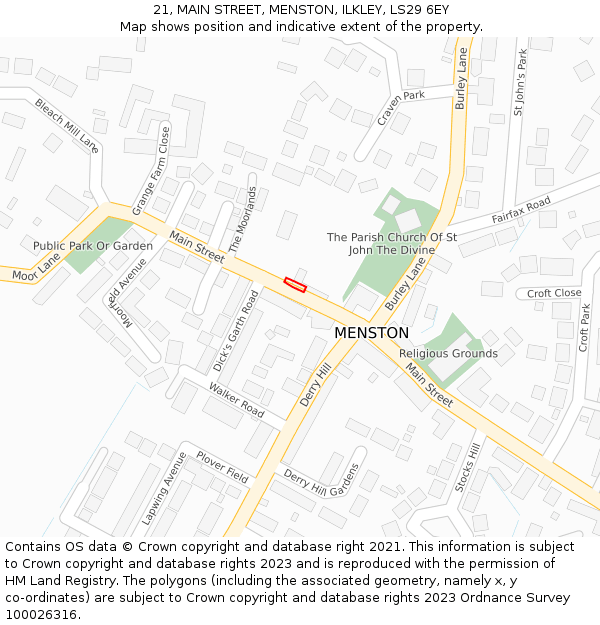 21, MAIN STREET, MENSTON, ILKLEY, LS29 6EY: Location map and indicative extent of plot