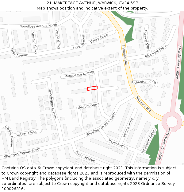 21, MAKEPEACE AVENUE, WARWICK, CV34 5SB: Location map and indicative extent of plot