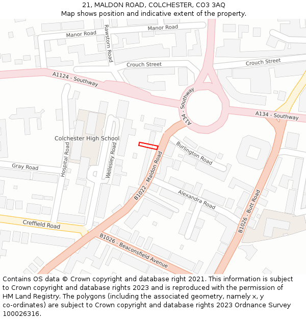 21, MALDON ROAD, COLCHESTER, CO3 3AQ: Location map and indicative extent of plot