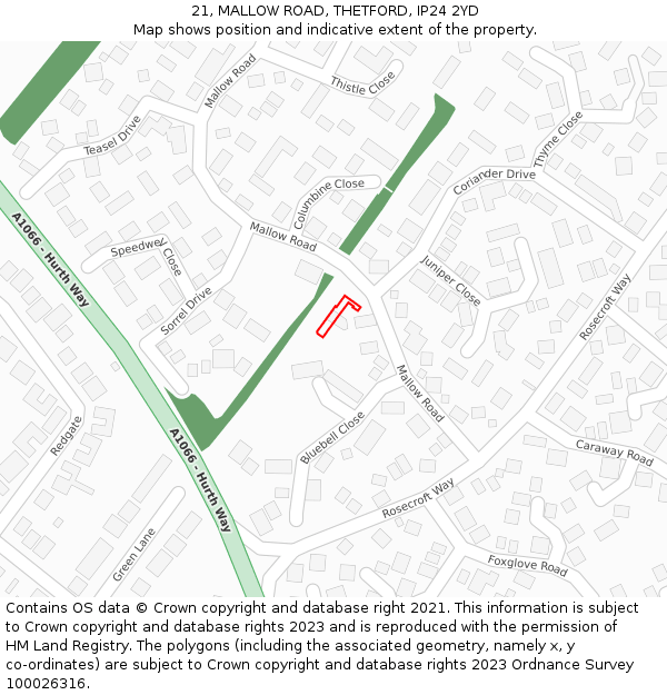 21, MALLOW ROAD, THETFORD, IP24 2YD: Location map and indicative extent of plot