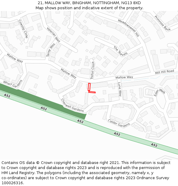 21, MALLOW WAY, BINGHAM, NOTTINGHAM, NG13 8XD: Location map and indicative extent of plot